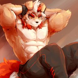 Rule 34 | 1boy, abs, absurdres, animal ears, arknights, bara, dog boy, dog ears, furry, furry male, highres, horns, hung (arknights), male focus, multicolored hair, orange eyes, orange hair, pants, pectorals, pectorals, single horn, solo, streaked hair, tail, topless male, track pants, training, waddy, white hair, wolf ears, wolf tail
