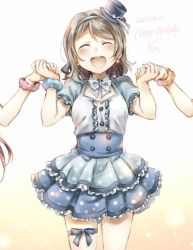 Rule 34 | 3girls, :d, ^ ^, blue neckwear, blue ribbon, blue skirt, blush, bow, bowtie, center frills, character name, closed eyes, dated, earrings, closed eyes, frilled skirt, frilled sleeves, frills, grey hair, hairband, happy birthday, haru hina, hat, hat ribbon, holding hands, jewelry, leg ribbon, long hair, love live!, love live! sunshine!!, mini hat, mini top hat, multiple girls, omoi yo hitotsu ni nare, open mouth, out of frame, polka dot, polka dot neckwear, polka dot scrunchie, polka dot skirt, red hair, ribbon, sakurauchi riko, scrunchie, short hair, skirt, smile, thigh ribbon, top hat, watanabe you, wrist scrunchie