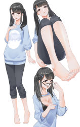Rule 34 | 1girl, barefoot, black hair, brown eyes, feet, glasses, hair ornament, hairclip, highres, long hair, looking at viewer, loose clothes, loose shirt, open mouth, shirt, toes, twintails