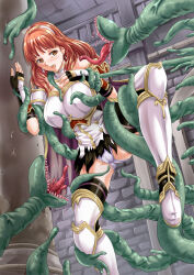 Rule 34 | 1girl, absurdres, black gloves, black thighhighs, breasts, brown eyes, brown hair, cameltoe, cape, celica (fire emblem), cleft of venus, commission, earrings, fingerless gloves, fire emblem, fire emblem echoes: shadows of valentia, gloves, hairband, highres, jewelry, large breasts, leg armor, long hair, nao takami, nintendo, panties, pants, restrained, scared, skeb commission, solo, standing, standing on one leg, tentacles, thighhighs, thighs, torn cape, torn clothes, torn pants, underwear, white hairband, white panties