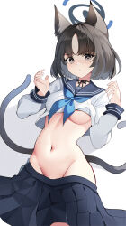 Rule 34 | 1girl, absurdres, animal ears, black eyes, black hair, black sailor collar, black skirt, blue archive, blue halo, blue neckerchief, blush, breasts, cat ears, cat tail, closed mouth, cowboy shot, groin, halo, highres, kikyou (blue archive), looking at viewer, medium breasts, multiple tails, navel, neckerchief, pleated skirt, sailor collar, short hair, simple background, skirt, sob (submar1089), solo, tail, two tails, underboob, white background