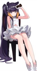 1girl, absurdres, alternate costume, animal ears, asymmetrical hair, bangs, bare legs, blunt bangs, box, chair, closed mouth, commentary, dress, expressionless, extra ears, eyebrows visible through hair, flat chest, frilled dress, frills, full body, gift, gift box, gloves, gradient hair, hair ornament, hairclip, high heels, highres, holding, holding box, holding gift, hololive, hololive english, kojy, legs together, long hair, looking at viewer, mole, mole under eye, multicolored hair, ninomae ina&#039;nis, orange hair, pointy ears, purple eyes, purple hair, scrunchie, short dress, side ponytail, simple background, sitting, sleeveless, sleeveless dress, solo, straight hair, tentacle hair, tiara, two-tone hair, very long hair, virtual youtuber, white background, white dress, white footwear, white gloves