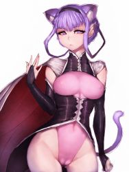 Rule 34 | 1girl, animal ears, breasts, bridal gauntlets, cameltoe, cat ears, cat tail, covered navel, covered erect nipples, fumio (rsqkr), hairband, hip focus, leotard, long hair, looking at viewer, medium breasts, precure, purple eyes, purple hair, ruru amour, simple background, solo, tail, thighs, white background