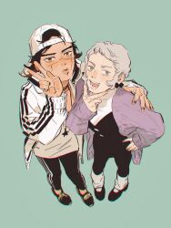 Rule 34 | 2girls, backwards hat, baseball cap, black leggings, brown eyes, brown hair, chengongzi123, closed mouth, commentary, foreshortening, from above, full body, genderswap, genderswap (mtf), golden kamuy, green background, grey hair, hand around neck, hand on own hip, hand up, hat, highres, jacket, jewelry, leggings, long sleeves, looking at viewer, multiple girls, necklace, pants, pigeon-toed, puckered lips, purple sweater, scar, scar on face, shiraishi yoshitake, short hair, sidelocks, simple background, sleeves past wrists, standing, star (symbol), star necklace, striped clothes, striped jacket, striped pants, sugimoto saichi, sweater, symbol-only commentary, v, vertical-striped clothes, vertical-striped jacket, vertical-striped pants, white headwear, white jacket