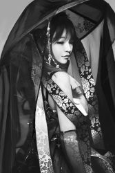 Rule 34 | 1girl, absurdres, from side, greyscale, hanbok, hat, highres, jeonmo, korean clothes, leaf print, monochrome, original, realistic, solo, tom23579