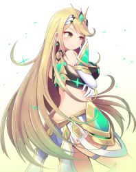 Rule 34 | 1girl, adapted costume, alternate costume, armor, bare shoulders, blonde hair, blush, breasts, butt crack, cleavage, cowboy shot, dress, gloves, jewelry, large breasts, long hair, mythra (xenoblade), nintendo, qixi cui xing, revealing clothes, simple background, smile, solo, swept bangs, thigh strap, tiara, very long hair, white background, xenoblade chronicles (series), xenoblade chronicles 2, yellow eyes