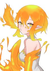 Rule 34 | 1girl, bare shoulders, breasts, breath weapon, breathing fire, detached collar, dress, ear piercing, fiery hair, fiery wings, fire, harpy, looking at viewer, medium breasts, monster girl, orange eyes, original, piercing, pointy ears, pursed lips, solo, thus0thus, white background, white dress, winged arms, wings