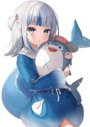 Rule 34 | 1girl, animal hood, belt, bloop (gawr gura), blue eyes, blue hair, blue hoodie, blunt bangs, commentary, cowboy shot, fins, fish tail, gawr gura, hair ornament, highres, holding, holding stuffed toy, hololive, hololive english, hood, hoodie, looking at viewer, mixed-language commentary, multicolored hair, open mouth, parted lips, shark hair ornament, shark hood, shark tail, sharp teeth, silver hair, simple background, solo, streaked hair, stuffed animal, stuffed shark, stuffed toy, tail, teeth, virtual youtuber, white background, yuutii