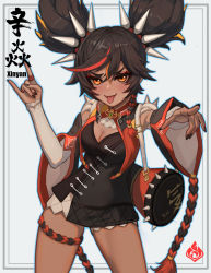Rule 34 | 1girl, \n/, baggy clothes, black hair, black nails, breasts, cleavage, cleavage cutout, clothing cutout, dark skin, dark-skinned female, detached sleeves, dress, english text, fang, genshin impact, hair ornament, hairband, highres, long sleeves, looking at viewer, multicolored hair, nail polish, open mouth, red hair, short hair, short twintails, shorts, simple background, smile, solo, spiked hairband, spikes, streaked hair, tan, thighs, tongue, tongue out, translation request, twintails, two side up, wide sleeves, xiao wx, xinyan (genshin impact), yellow eyes