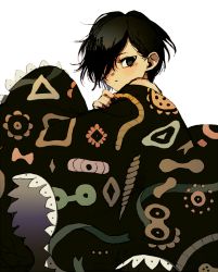 Rule 34 | 1girl, black eyes, black hair, cape, closed mouth, fingernails, from behind, ka (marukogedago), looking at viewer, looking back, nail polish, original, pink nails, short hair, simple background, solo, white background