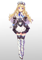Rule 34 | 1girl, apron, bare shoulders, black dress, black thighhighs, blonde hair, blue eyes, blush, boots, commentary, detached sleeves, dress, frilled sleeves, frills, gloves, kibamigohann, knee boots, long hair, looking at viewer, maid, maid apron, maid headdress, original, puffy short sleeves, puffy sleeves, science fiction, short sleeves, smile, solo, standing, thighhighs, waist apron, wavy hair, white gloves