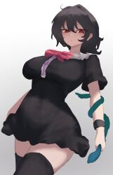 Rule 34 | 1girl, absurdres, black dress, black hair, black thighhighs, bow, bowtie, breasts, center frills, closed mouth, commentary, cowboy shot, dress, frills, gradient background, grey background, highres, houjuu nue, large breasts, looking at viewer, moriforest1040, red bow, red bowtie, red eyes, short hair, short sleeves, snake armband, solo, thighhighs, touhou