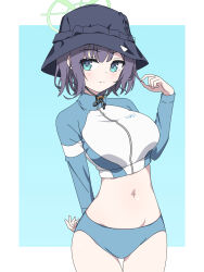 Rule 34 | 1girl, absurdres, black hat, blue archive, blue background, breasts, green eyes, halo, hat, highres, holding, holding own hair, large breasts, mangyu0111, medium hair, official alternate costume, purple hair, rash guard, saki (blue archive), saki (swimsuit) (blue archive), swimsuit, thighs, two-tone background, white background