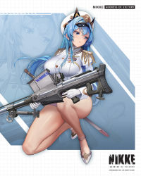 Rule 34 | 1girl, bare legs, blue eyes, blue hair, breasts, goddess of victory: nikke, gun, helm (nikke), highres, large breasts, long legs, miniskirt, official art, rifle, skirt, sniper rifle, solo, tagme, weapon