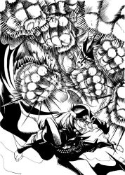 Rule 34 | 2boys, angry, chain, clenched hand, clenched hands, gakuran, greyscale, hat, jojo no kimyou na bouken, kuujou joutarou, makabe, male focus, manly, monochrome, multiple boys, punching, school uniform, stand (jojo), star platinum