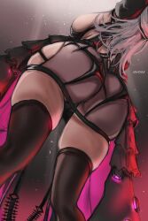 Rule 34 | 1girl, artist name, ass, ass focus, black dress, black thighhighs, breasts, cleavage, colycycle, dress, from behind, goddess of victory: nikke, grey hair, large breasts, long hair, marian (nikke), modernia (nikke), modernia (second affection) (nikke), see-through, see-through cleavage, solo, thighhighs