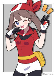 Rule 34 | 1girl, artist name, bag, bandana, black gloves, black legwear, blue eyes, blush, breasts, cowboy shot, creatures (company), eyebrows hidden by hair, finger to mouth, game freak, gloves, grey background, highres, holding, holding poke ball, looking at viewer, may (pokemon), medium hair, multicolored clothes, multicolored gloves, nintendo, notice lines, one eye closed, open mouth, poke ball, pokemon, pokemon rse, red bandana, red shirt, shirt, short sleeves, simple background, smile, solo, tongue, twitter username, white gloves, yellow bag, yoriteruru