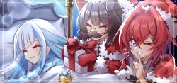 Rule 34 | 3girls, absurdres, ange katrina, bed, bell, bird, blue eyes, blue hair, brown hair, christmas, colored inner hair, finger to mouth, flower, fur trim, gift, hair between eyes, hair flower, hair ornament, hat, highres, holding, holding gift, inui toko, lize helesta, looking at viewer, mittens, multicolored hair, multiple girls, nijisanji, one eye closed, open mouth, papa-kun (destiny549-2), red hair, red mittens, santa hat, sebastian piyodore, short hair, sleeping, smile, triangle hair ornament, under covers, v, virtual youtuber, white hair