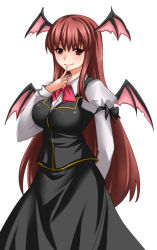 Rule 34 | 1girl, arm behind back, bat wings, breasts, brown hair, finger to mouth, head wings, highres, koakuma, large breasts, lips, long hair, long skirt, red eyes, skirt, solo, touhou, very long hair, wings, yagami (mukage)