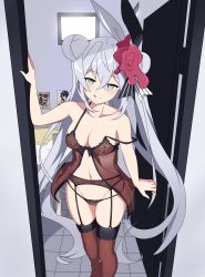 Rule 34 | absurdres, animal ears, babydoll, bare shoulders, bedroom, bow, breasts, double bun, eleanor forte, garter belt, garter straps, green eyes, grey hair, hair bun, hand up, highres, legs together, lingerie, long hair, navel, panties, rabbit ears, smile, stamp, standing, synthesizer v, thighhighs, thong, twintails, underwear, wax seal, wax seal hair ornament
