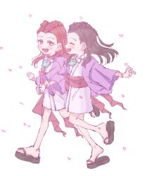 Rule 34 | 2girls, :d, ace attorney, aged down, black hair, blush, braid, closed eyes, dahlia hawthorne, falling petals, full body, geta, holding hands, iris (ace attorney), jacket, japanese clothes, jewelry, kimono, long hair, long sleeves, looking at another, magatama, magatama necklace, matching hairstyle, multiple girls, necklace, obi, open mouth, oyoyo pe, petals, phoenix wright: ace attorney - trials and tribulations, purple jacket, red eyes, red hair, sash, short kimono, siblings, simple background, sisters, smile, twins, walking, white background, wide sleeves
