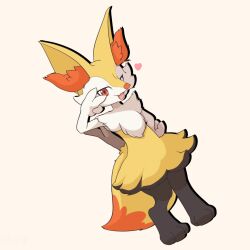 Rule 34 | 1girl, animal ear fluff, animal ears, animal feet, animal nose, arm up, black fur, braixen, creatures (company), drop shadow, dutch angle, fang, female focus, flat chest, fox ears, fox girl, fox tail, full body, furry, furry female, game freak, gen 6 pokemon, hand on own hip, hand up, happy, heart, konkitsune koukou, looking at viewer, multicolored fur, nintendo, open mouth, pokemon, pokemon (creature), red eyes, simple background, skin fang, smile, snout, solo, standing, stick, tail, v over eye, white background, white fur, yellow fur