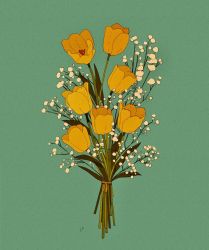 Rule 34 | aqua background, baby&#039;s-breath, bouquet, commentary, commission, english commentary, flower, highres, leaf, libbyframe, no humans, original, plant, signature, simple background, still life, tulip, white flower, yellow flower, yellow tulip