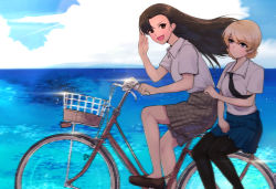 Rule 34 | 2girls, asymmetrical bangs, bicycle, black footwear, black legwear, black neckwear, blonde hair, blue eyes, blue skirt, braid, brown eyes, brown hair, brown skirt, closed mouth, cloud, cloudy sky, commentary, darjeeling (girls und panzer), day, dress shirt, girls und panzer, leaf, light smile, loafers, long hair, looking at another, looking at viewer, miniskirt, mityubi, multiple girls, multiple riders, necktie, nishi kinuyo, ocean, open mouth, outdoors, pantyhose, plaid, plaid skirt, pleated skirt, revision, riding, riding bicycle, salute, school uniform, shirt, shoes, short hair, sidesaddle, sitting, skirt, sky, smile, sparkle, st. gloriana&#039;s school uniform, twin braids, twitter username, white shirt