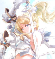 Rule 34 | 1girl, armor, armored dress, artist request, ayase eli, bare shoulders, blonde hair, blue eyes, blue sky, blush, breast armor, cloud, cosplay, day, earrings, female focus, gloves, hair between eyes, hair ornament, hair scrunchie, heart, heart earrings, holding, holding sword, holding weapon, jewelry, long hair, looking at viewer, love live!, love live! school idol project, outdoors, parted lips, ponytail, scrunchie, sky, smile, solo, sword, urutsu, urutsu sahari, weapon, white gloves, white scrunchie