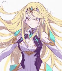 Rule 34 | 1girl, armor, bad id, bad twitter id, blonde hair, breasts, cleavage, dress, gloves, highres, large breasts, long hair, mythra (xenoblade), nintendo, solo, white background, xenoblade chronicles (series), xenoblade chronicles 2, xenoblade chronicles (series), xenoblade chronicles 2, yellow eyes