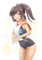 Rule 34 | 1girl, brown eyes, brown hair, gradient background, i-401 (kancolle), kantai collection, kitagawa mikio, looking at viewer, one-piece swimsuit, open mouth, orange sailor collar, ponytail, sailor collar, school swimsuit, shirt, short ponytail, side-tie shirt, sleeveless, sleeveless shirt, solo, swimsuit, swimsuit under clothes, tan, tanline, yellow background