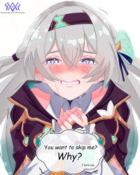 Rule 34 | 1girl, absurdres, black hairband, black jacket, blue ribbon, blush, commentary, crying, crying with eyes open, english commentary, firefly (honkai: star rail), grey hair, hair between eyes, hair ornament, hair ribbon, hairband, highres, honkai: star rail, honkai (series), jacket, nose blush, own hands together, purple eyes, ribbon, simple background, solo, tears, thevarnese, upper body, white background