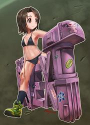 Rule 34 | 10s, 1girl, abazu-red, armpits, bikini, black bikini, black socks, boots, breasts, brown eyes, brown hair, emblem, female focus, girls und panzer, gradient background, green footwear, hand on own knee, highres, holding, holding weapon, knife, matching hair/eyes, nose art, ooarai (emblem), parted bangs, rabbit, riding, sawa azusa, shoes, short hair, small breasts, smile, socks, solo, swimsuit, throat microphone, twitter username, weapon