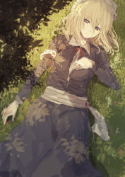 Rule 34 | 1girl, absurdres, blonde hair, blue eyes, commentary request, dappled sunlight, dress, frilled hairband, frills, grass, hair between eyes, hairband, highres, long sleeves, looking at viewer, lying, maribel hearn, misaki nonaka, nature, neck ribbon, on back, one-hour drawing challenge, parted lips, purple dress, red ribbon, ribbon, solo, sunlight, touhou