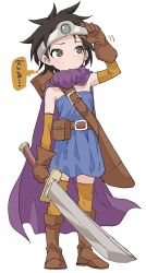 Rule 34 | 1girl, absurdres, arm up, belt, belt buckle, black hair, blue dress, boots, brown belt, brown eyes, brown footwear, brown gloves, brown thighhighs, buckle, circlet, closed mouth, commentary, dragon quest, dragon quest iii, dress, full body, gloves, highres, holding, holding sword, holding weapon, roto (dq3), simple background, solo, standing, strapless, strapless dress, sword, thighhighs, thighhighs under boots, translated, weapon, white background, yamamoto souichirou