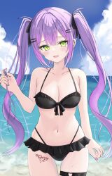 Rule 34 | 1girl, absurdres, bare shoulders, beach, bikini, black ribbon, blush, breasts, cloud, cloudy sky, colored inner hair, day, demon tail, ear piercing, front-tie bikini top, front-tie top, gradient hair, green eyes, hair ornament, hair ribbon, hairclip, highleg, highleg swimsuit, highres, hololive, leg tattoo, long hair, looking at viewer, medium breasts, multicolored hair, navel, open mouth, outdoors, piercing, pink hair, purple hair, ribbon, sky, smile, solo, streaked hair, swimsuit, tail, tamamorh, tattoo, thigh strap, tokoyami towa, twintails, virtual youtuber