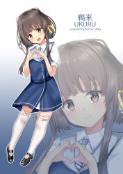 Rule 34 | 1girl, absurdres, black hair, blue background, blue dress, brown eyes, character name, diagonal-striped clothes, diagonal-striped necktie, dress, gloves, gradient background, grey sailor collar, heart, heart hands, highres, himura moritaka, kantai collection, looking at viewer, mary janes, multiple views, necktie, sailor collar, shirt, shoes, short hair, short hair with long locks, smile, striped clothes, striped necktie, thighhighs, ukuru (kancolle), white gloves, white shirt, white thighhighs, zoom layer