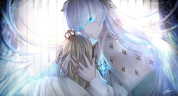 Rule 34 | 1girl, anastasia (fate), blue eyes, cape, doll, hugging doll, dress, fate/grand order, fate (series), glowing, glowing eyes, jewelry, long hair, hugging object, pendant, signature, silver hair, tenyo0819, very long hair