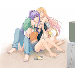 Rule 34 | 1boy, 2girls, bare shoulders, barefoot, blonde hair, blue eyes, casual, closed eyes, controller, feet, girl sandwich, green hair, gumi, hug, kamui gakupo, licking, licking another&#039;s cheek, licking another&#039;s face, lily (vocaloid), long hair, multiple girls, nacht (nacht 01), ponytail, purple hair, remote control, rin no youchuu, sandwiched, short hair, shorts, sitting, tank top, vocaloid