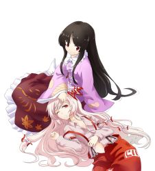 Rule 34 | 2girls, abe ranzu, armband, black hair, bow, dress shirt, female focus, fujiwara no mokou, hair bow, hand on another&#039;s head, hands in opposite sleeves, hime cut, houraisan kaguya, japanese clothes, lap pillow, long hair, long sleeves, lying on lap, multiple girls, no shoes, ofuda, one eye closed, open pants, pants, parted lips, pink hair, red eyes, shirt, sidelocks, simple background, sitting, smile, suspenders, tabi, touhou, unbuttoned, unbuttoned shirt, very long hair, white background, wink, yokozuwari