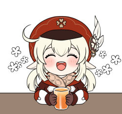 Rule 34 | 1girl, appletea, blonde hair, blush, brown gloves, cabbie hat, chibi, child, closed eyes, clover print, feathers, genshin impact, gloves, happy, hat, holding, juice, klee (genshin impact), open mouth, orange juice, pointy ears, simple background, single hair intake, solo, teeth, upper body, upper teeth only, white background