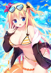Rule 34 | 1girl, :d, bare shoulders, bikini, bikini under clothes, black-framed eyewear, black jacket, blonde hair, blue eyes, blue sky, blush, breasts, cleavage, cloud, cloudy sky, commentary request, day, eyewear on head, fang, flower, hair between eyes, hair flower, hair ornament, hairclip, hand up, hood, hood down, hooded jacket, innertube, jacket, large breasts, long hair, long sleeves, looking at viewer, navel, off shoulder, one side up, open clothes, open jacket, open mouth, original, outdoors, palm tree, petals, red flower, shiromochi sakura, sky, sleeves past wrists, smile, solo, striped bikini, striped clothes, sunglasses, swim ring, swimsuit, tree, very long hair, x hair ornament