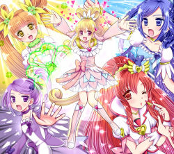 Rule 34 | 5girls, :o, aida mana, arm warmers, blonde hair, blue bow, blue eyes, blue hair, boots, bow, brooch, brown hair, choker, cure ace, cure diamond, cure heart, cure heart (parthenon mode), cure rosetta, cure sword, curly hair, dokidoki! precure, double bun, flower, full body, hair bow, hair bun, hair flower, hair ornament, hair ribbon, heart, heart brooch, heart hair ornament, hishikawa rikka, izumi shara, jewelry, kenzaki makoto, knee boots, lipstick, long hair, madoka aguri, magical girl, makeup, multiple girls, one eye closed, outstretched arms, pink bow, pink eyes, ponytail, precure, puffy sleeves, purple eyes, purple hair, purple skirt, red eyes, red hair, ribbon, short hair, skirt, smile, spade hair ornament, spread arms, twintails, waist bow, wing brooch, wink, yellow eyes, yotsuba alice