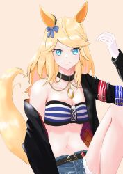 Rule 34 | 1girl, absurdres, animal ears, bandeau, belt, black belt, black choker, black jacket, blonde hair, blue bow, blue eyes, bow, breasts, choker, cleavage, collarbone, commentary, cutoffs, denim, denim shorts, gloves, gold city (umamusume), hair bow, highres, horse ears, jacket, knee up, long hair, long sleeves, looking at viewer, medium breasts, midriff, navel, off shoulder, open clothes, open jacket, short shorts, shorts, simple background, single bare shoulder, solo, stomach, strapless, swept bangs, tail, teruteru bouzu (cygp2778), thighs, tube top, umamusume, white gloves, yellow background