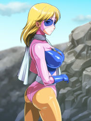 Rule 34 | 1girl, animification, ass, battle fever j, blonde hair, breasts, gloves, large breasts, leotard, long hair, mask, miss america, monteriakitto, original, pantyhose, rock, scarf, solo, super sentai, superhero costume