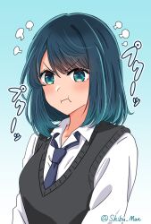 Rule 34 | 1girl, black sweater vest, blue background, blue eyes, blue hair, blue necktie, blush, closed mouth, collared shirt, commentary request, gradient background, gradient hair, highres, kurokawa akane, light blue hair, long sleeves, looking at viewer, medium hair, multicolored hair, munbato (watari megumi), necktie, no pupils, oshi no ko, partial commentary, pout, shirt, solo, sweater vest, translation request, twitter username, upper body, white shirt