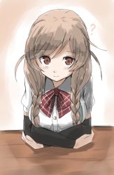 Rule 34 | 1girl, ?, arm warmers, artist request, blush, bow, bowtie, braid, breasts, brown eyes, buttons, closed mouth, collared shirt, commentary, elbow rest, hair flaps, highres, kantai collection, leaning forward, light brown hair, long hair, looking at viewer, minegumo (kancolle), plaid, plaid bow, plaid bowtie, plaid neckwear, red bow, red bowtie, red eyes, school uniform, shirt, short sleeves, simple background, solo, suspenders, table, twin braids, upper body, white shirt