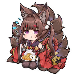 Rule 34 | 1girl, :t, amagi-chan (azur lane), animal ears, azur lane, bell, black legwear, blunt bangs, brown hair, chibi, commentary request, curry, curry rice, eating, flying sweatdrops, food, fox ears, fox girl, fox tail, hair ribbon, holding, holding spoon, japanese clothes, kimono, kitsune, kyuubi, long hair, looking at viewer, manjuu (azur lane), multiple tails, off shoulder, plate, purple eyes, ribbon, rice, rope, sassa (onion), seiza, shimenawa, sidelocks, simple background, sitting, solo, spoon, tail, thick eyebrows, translated, twintails, white background, wide sleeves