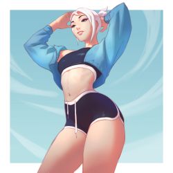Rule 34 | 1girl, arms up, blue background, blue jacket, breasts, commentary, green eyes, highres, jacket, jeremy anninos, jett (valorant), light purple hair, light smile, medium breasts, midriff, navel, parted lips, ponytail, short hair, short shorts, shorts, solo, thighs, valorant