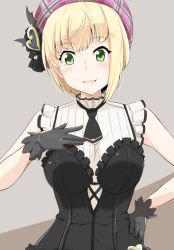 Rule 34 | 10s, 1girl, blonde hair, blush, breasts, gloves, green eyes, hand on own hip, hand on own chest, hat, idolmaster, idolmaster cinderella girls, kichihachi, looking at viewer, miyamoto frederica, open mouth, short hair, smile, solo